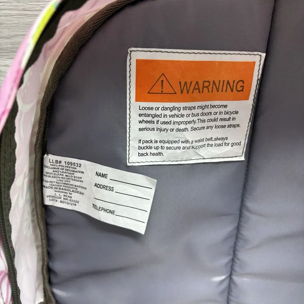 LL Bean Backpack Pink Floral Print School Travel Bag Reflective “Alexa”